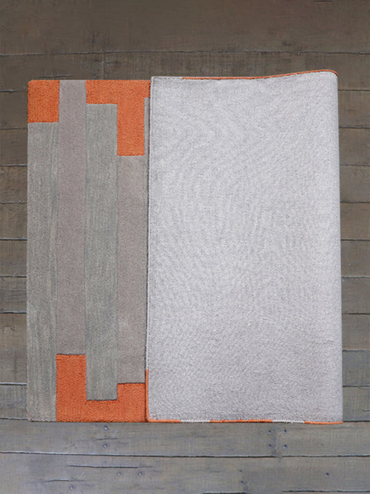 Hand Tufted Abstract Block Pattern | 100 % Wool Premium Carpet | Living Room | Bed Room | Grey & Orange | 4 ft x 6 ft