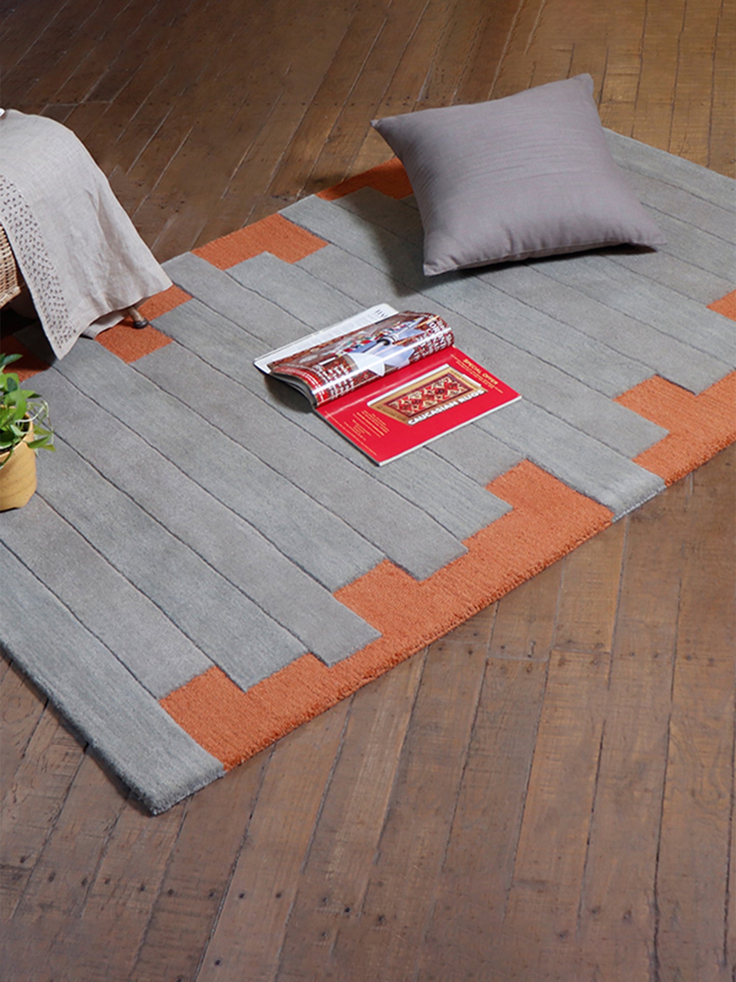 Hand Tufted Abstract Block Pattern | 100 % Wool Premium Carpet | Living Room | Bed Room | Grey & Orange | 4 ft x 6 ft