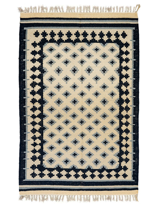 Dhurrie Abstract Handwoven Woolen for Floor, Living Room & Bedroom | White - 3x5 feet