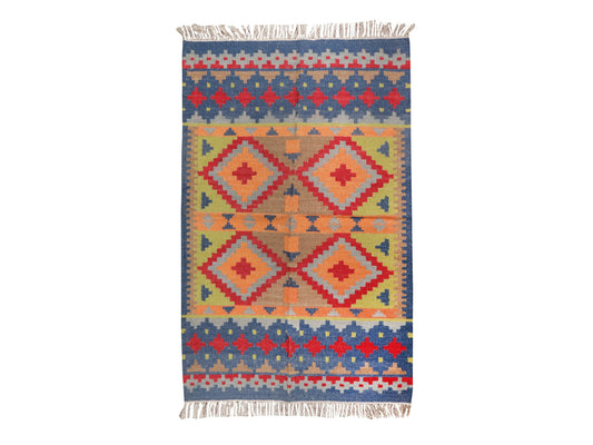 Dhurrie Abstract Kilim Handwoven Woolen for Floor, Living Room & Bedroom | Yellow/Blue - 3x5 feet