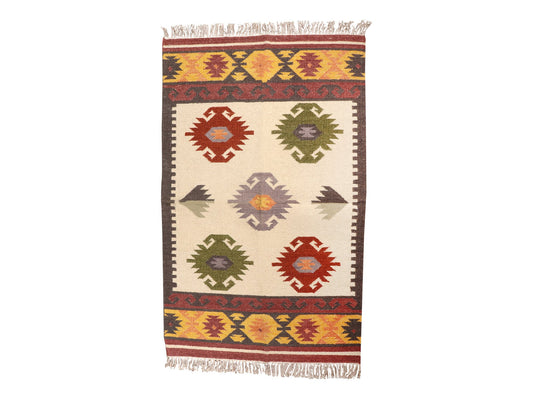 Dhurrie Abstract Handwoven Woolen for Floor, Living Room & Bedroom | White - 3x5 feet