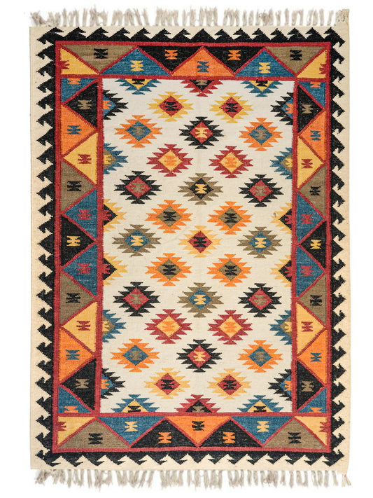 Dhurrie Abstract Kilim Handwoven Woolen for Floor, Living Room & Bedroom | Multi - 4x6 feet