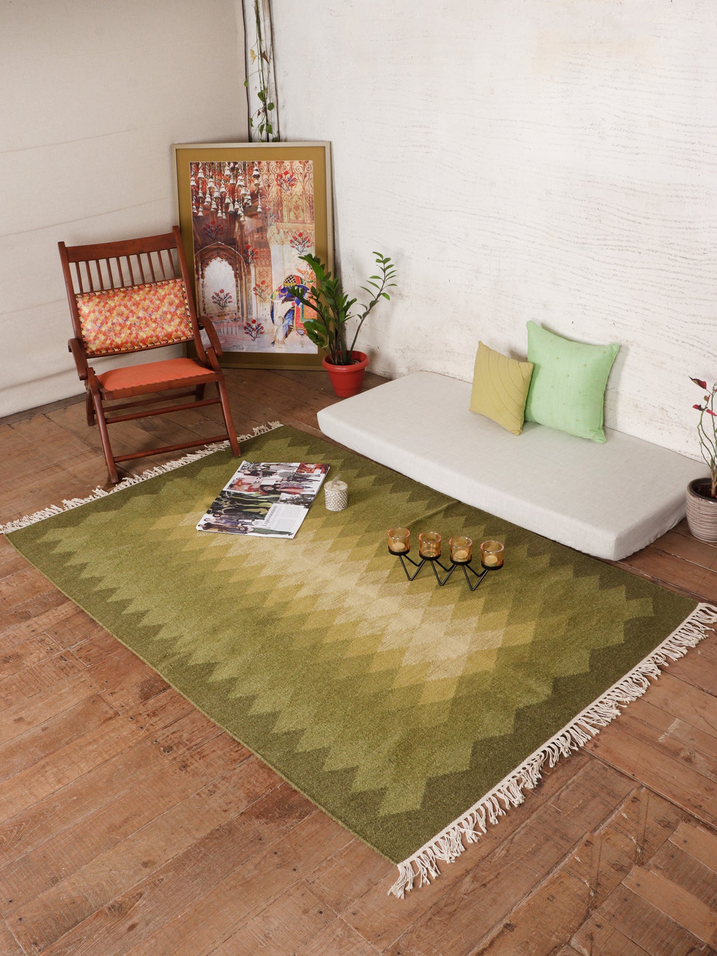 Dhurrie Abstract Handwoven Woolen for Floor, Living Room & Bedroom | Green - 4x6 feet