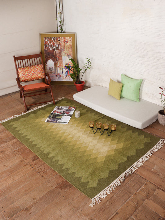 Dhurrie Abstract Handwoven Woolen for Floor, Living Room & Bedroom | Green - 4x6 feet