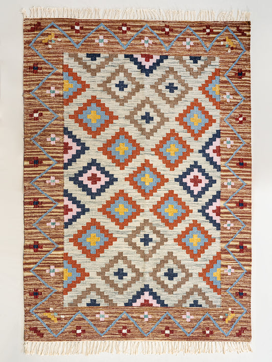 Dhurrie Abstract Kilim Handwoven Woolen for Floor, Living Room & Bedroom | Multi - 4x6 feet