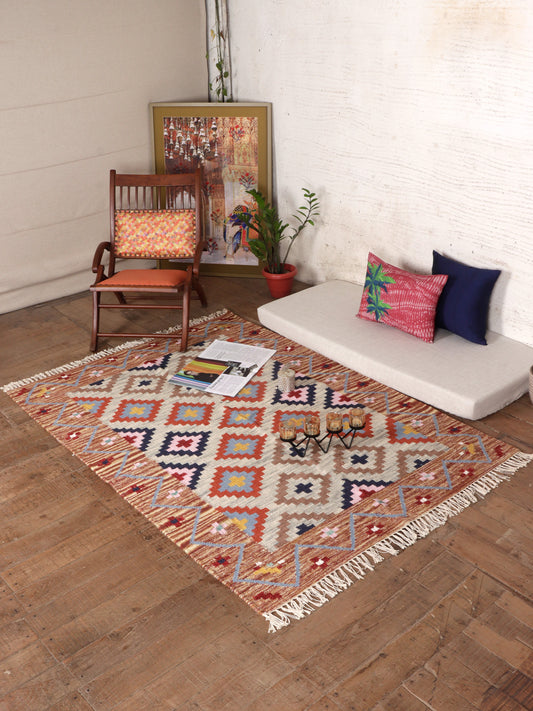 Dhurrie Abstract Kilim Handwoven Woolen for Floor, Living Room & Bedroom | Multi - 4x6 feet