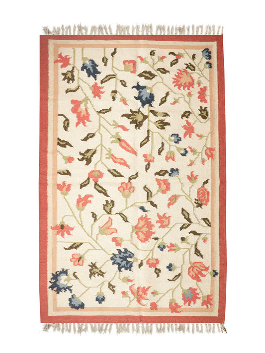 Dhurrie Floral Handwoven Woolen for Floor, Living Room & Bedroom | White - 4x6 feet