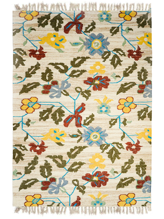 Dhurrie Floral Handwoven Woolen for Floor, Living Room & Bedroom | White - 5x8 feet