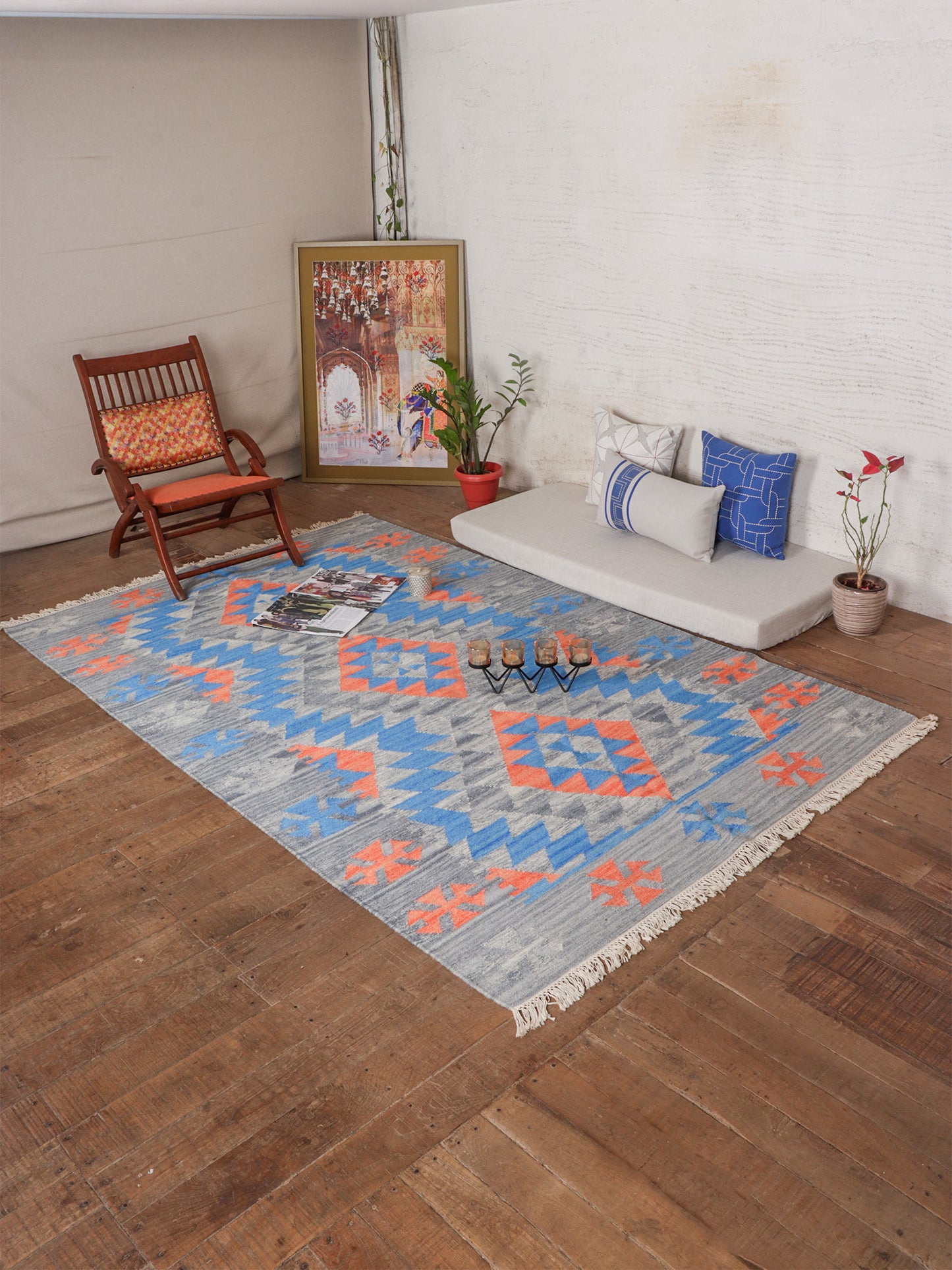 Dhurrie Abstract Kilim Handwoven Woolen for Floor, Living Room & Bedroom | Blue - 5x8 feet