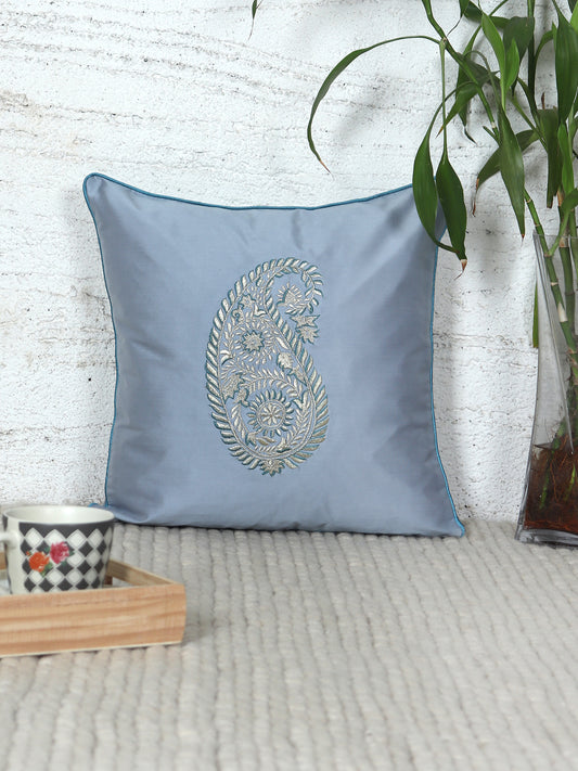 Paisley Motif in Two Tone Embroidered Cushion Cover  with Cord Piping - Metallic Grey