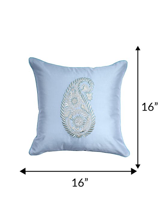 Paisley Motif in Two Tone Embroidered Cushion Cover  with Cord Piping - Metallic Grey