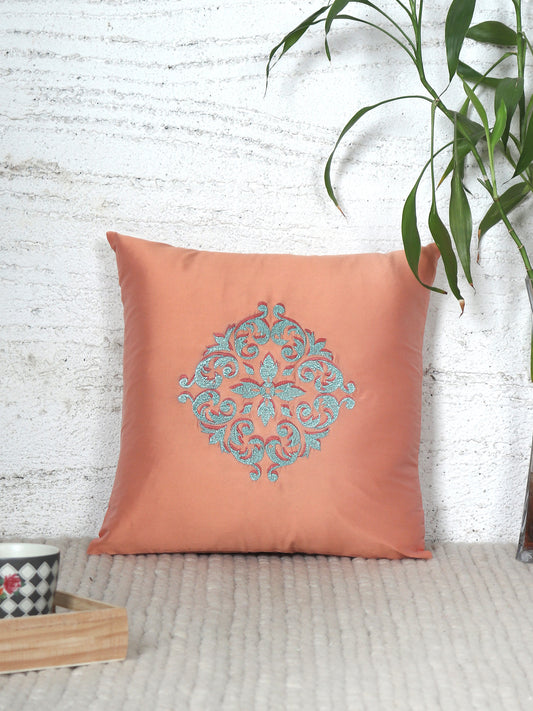 Central Motif in Two Tone Embrodiery  Cushion Cover - Coral