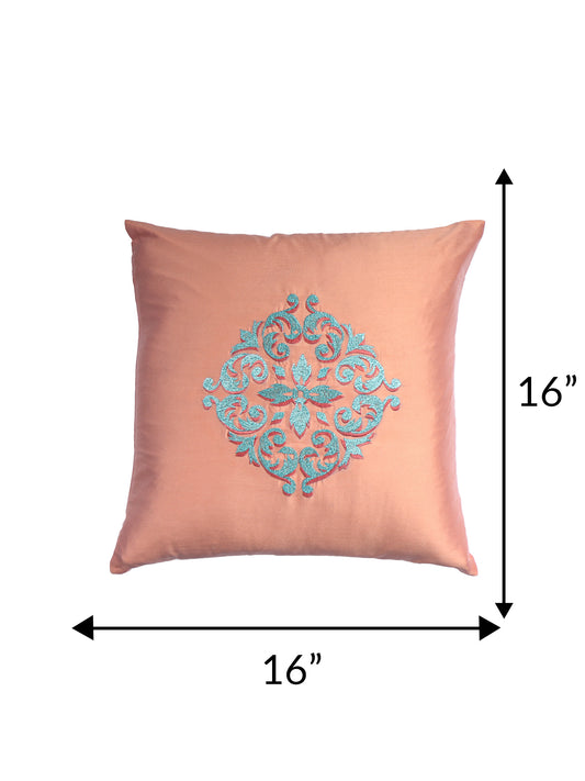 Central Motif in Two Tone Embrodiery  Cushion Cover - Coral