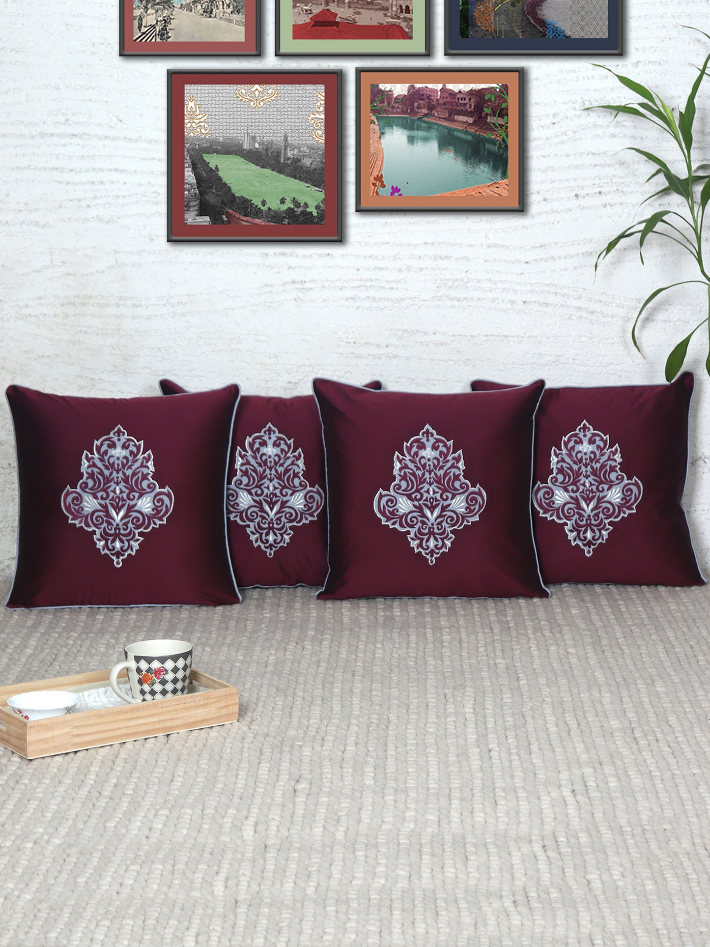 Motif Embroidered with Cushion Cover with Patchwork and Cord Piping - Maroon