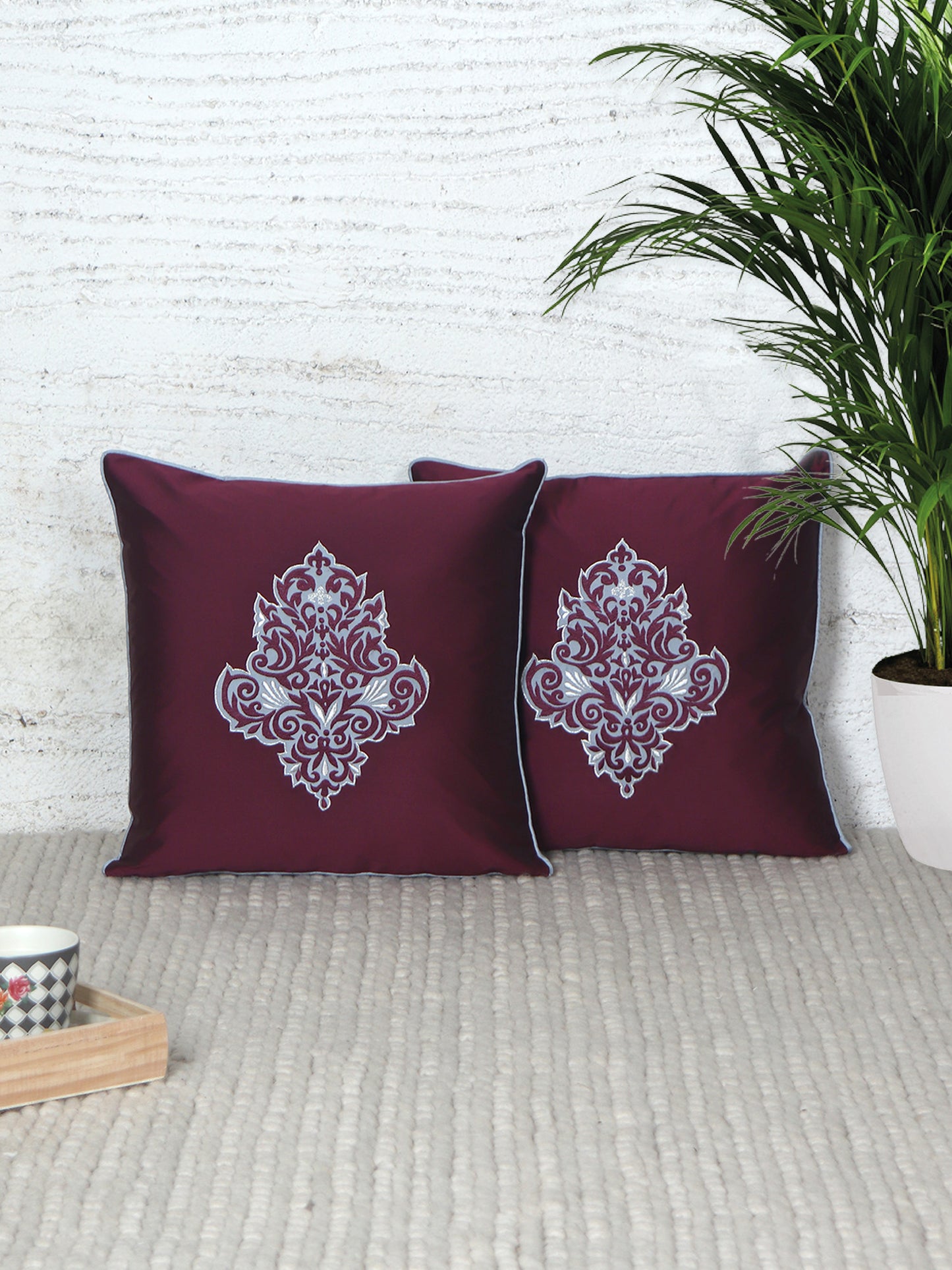 Motif Embroidered with Cushion Cover with Patchwork and Cord Piping - Maroon