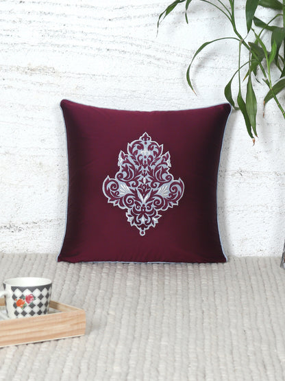 Motif Embroidered with Cushion Cover with Patchwork and Cord Piping - Maroon