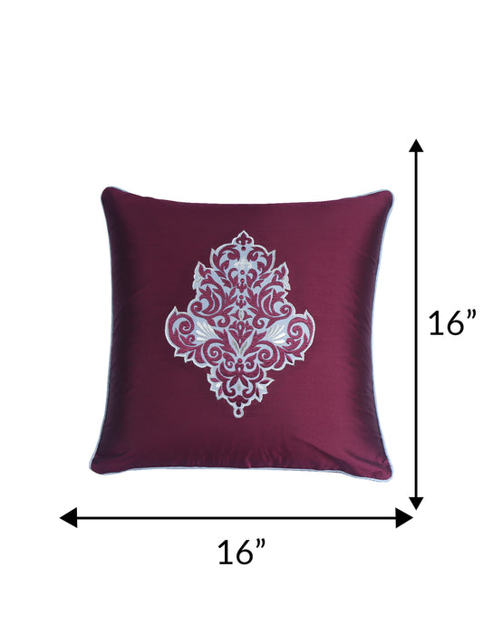 Motif Embroidered with Cushion Cover with Patchwork and Cord Piping - Maroon