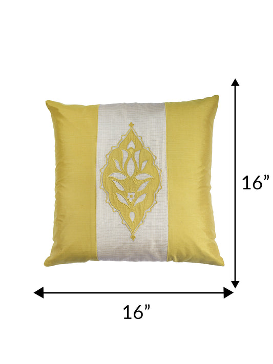 Lotus Motif Embroidered Cushion Cover with Patchwork - Yellow