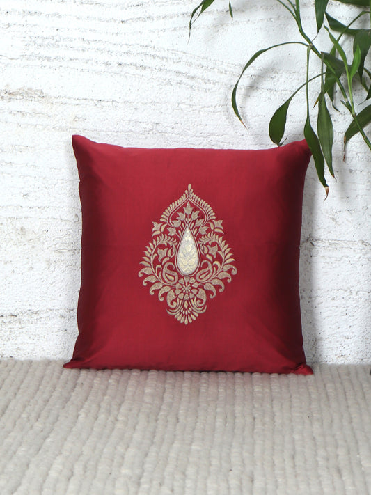 Motif Embroidered Cushion Cover with Patch and Applique - Red