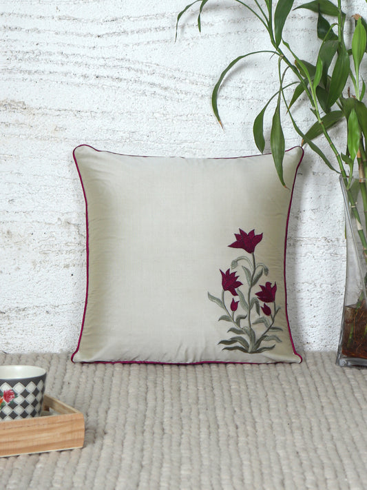 Floral Embroidered Cushion Cover with Cord Piping - White