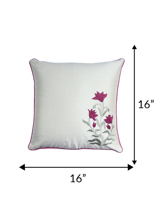 Floral Embroidered Cushion Cover with Cord Piping - White