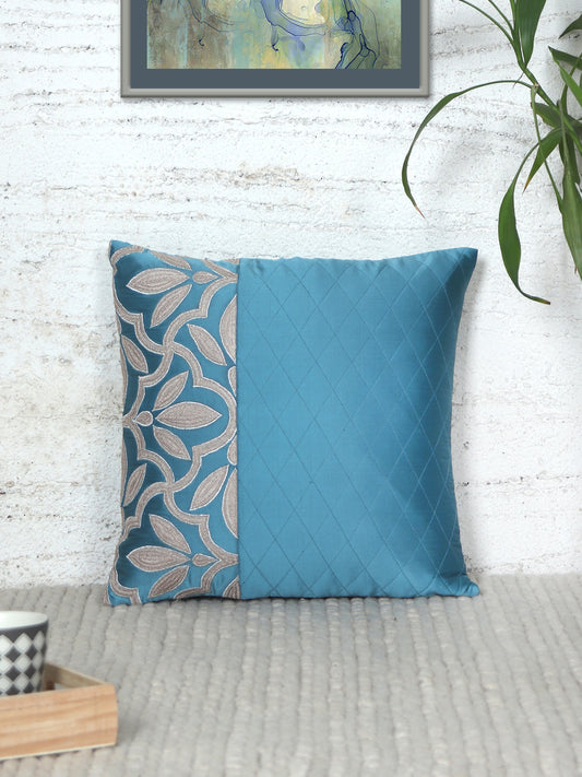 Floral Embroidered Cushion Cover with Quilting lines - Aqua Blue