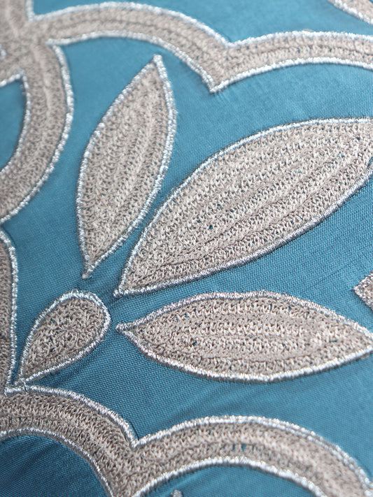 Floral Embroidered Cushion Cover with Quilting lines - Aqua Blue