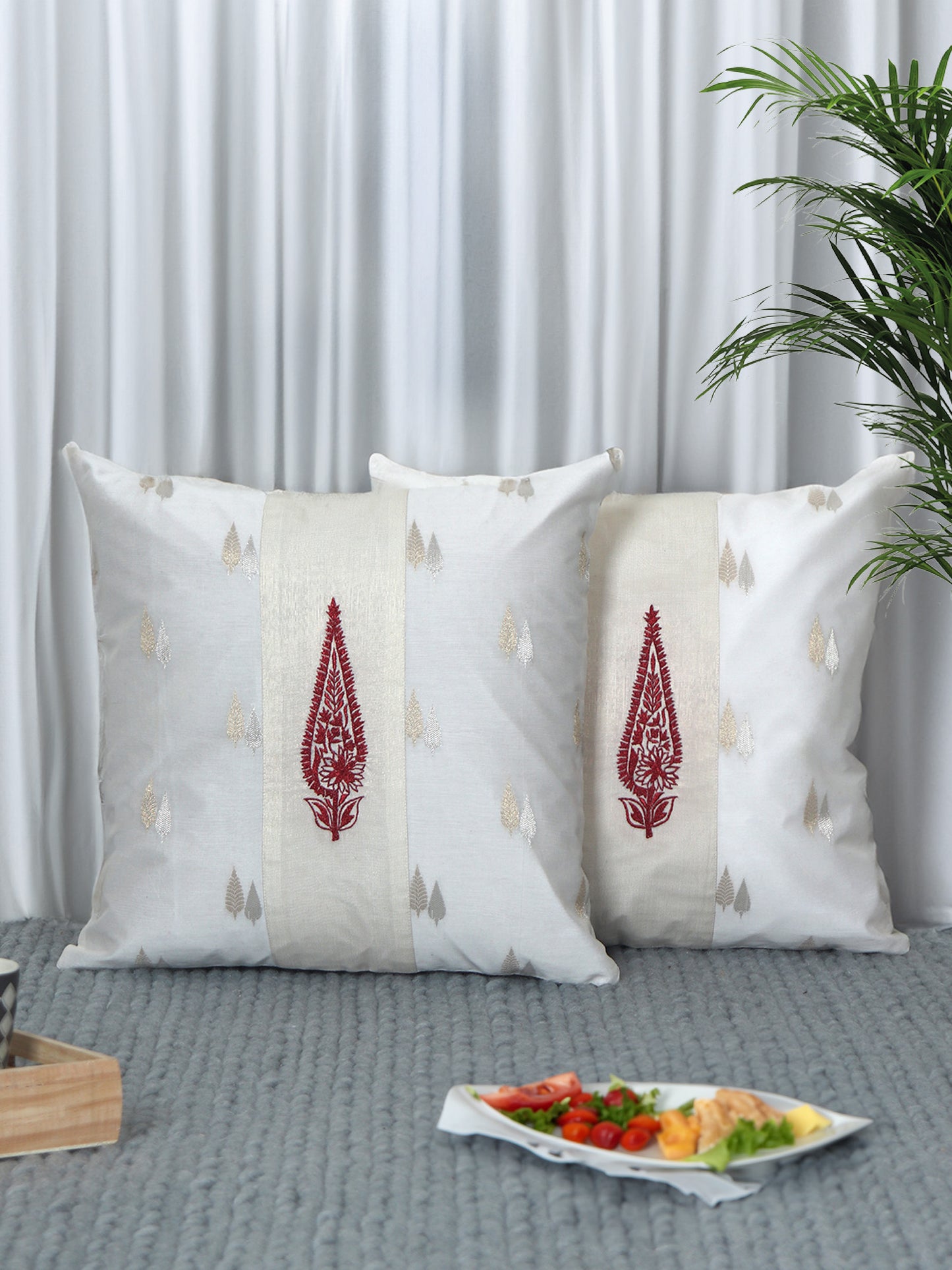 Brocade Silk Cushion Cover with Motif Embroidered - White