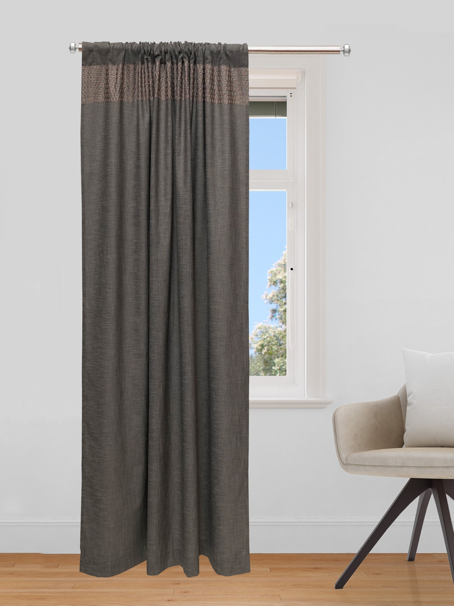 Textured Embroidered Grey Curtain with Rod Pocket | Polycotton | 50 Inch x 84 Inch | 7 ft.