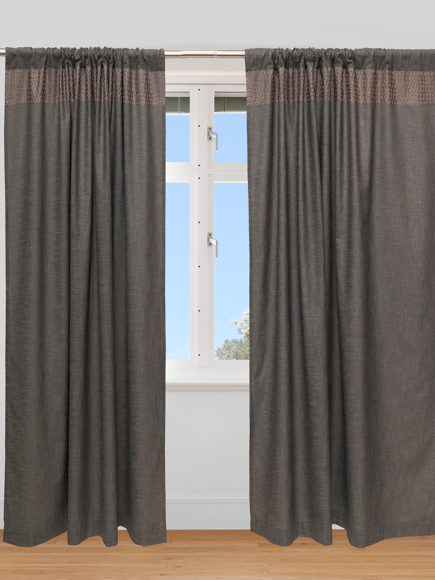 Textured Embroidered Grey Curtain with Rod Pocket | Polycotton | 50 Inch x 84 Inch | 7 ft.