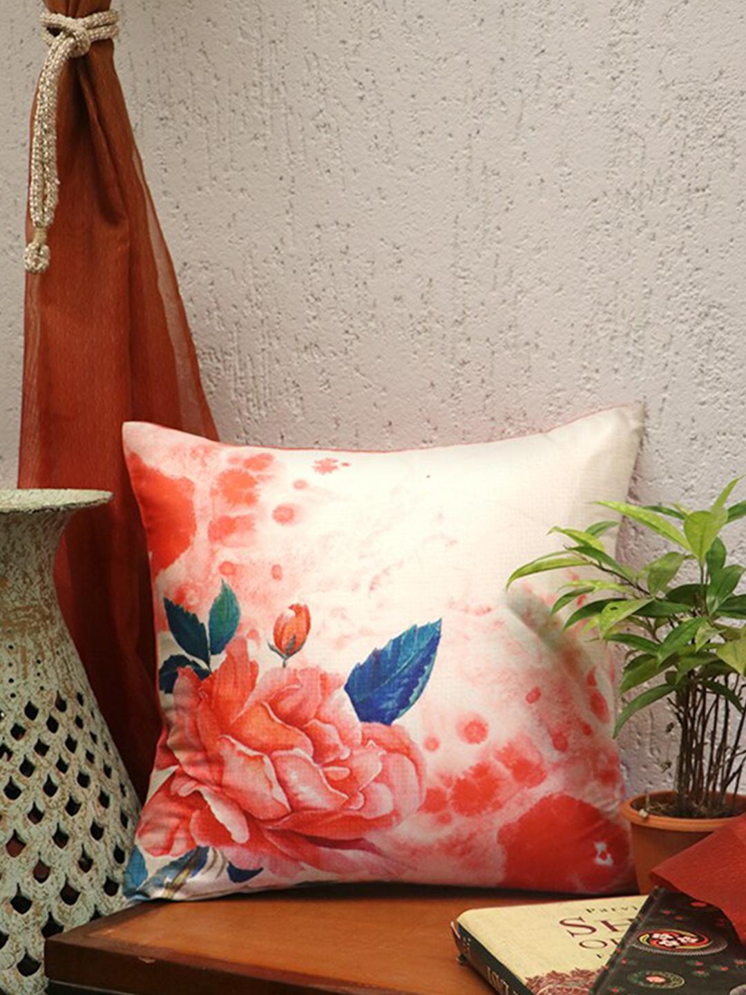 Rose Motif | Floral Printed | 100% Polyester | 16 Inch x 16 Inch | Pink | Cushion Cover