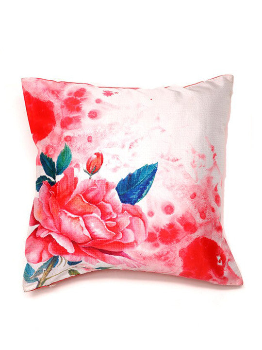 Rose Motif | Floral Printed | 100% Polyester | 16 Inch x 16 Inch | Pink | Cushion Cover