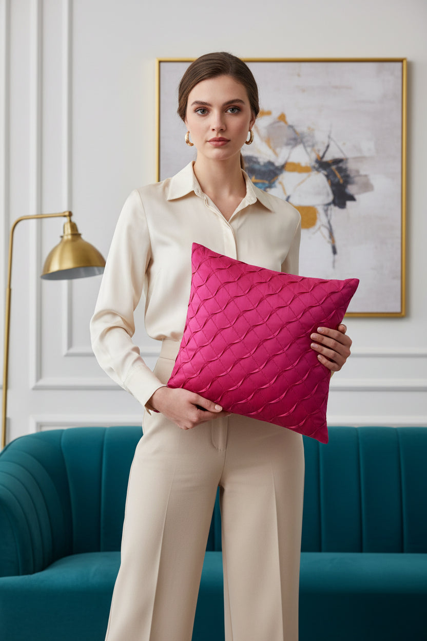 A square magenta pink throw pillow with a textured, pleated diamond pattern, shown against a plain white background.