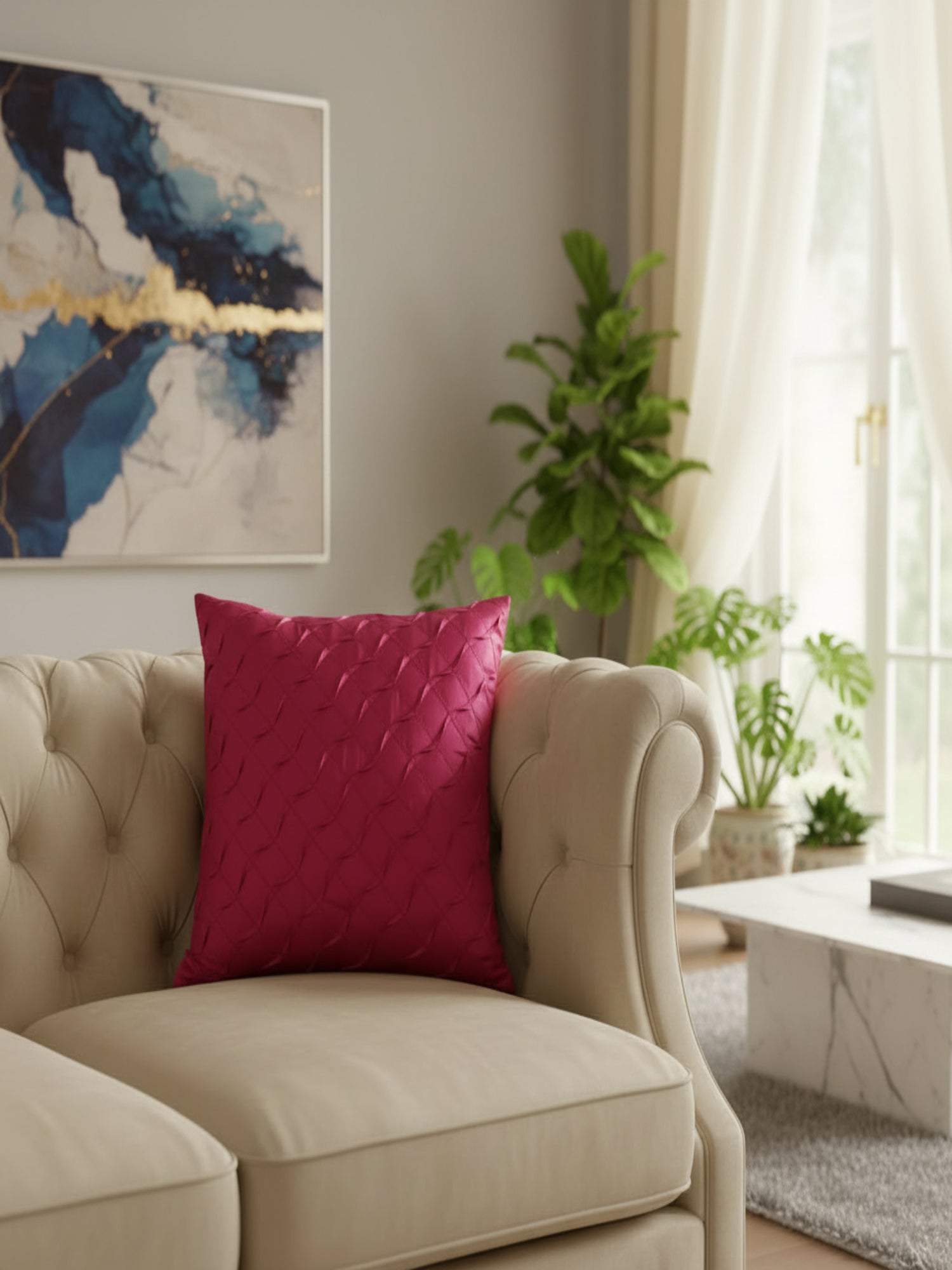 A square magenta pink throw pillow with a textured, pleated diamond pattern, shown against a plain white background.