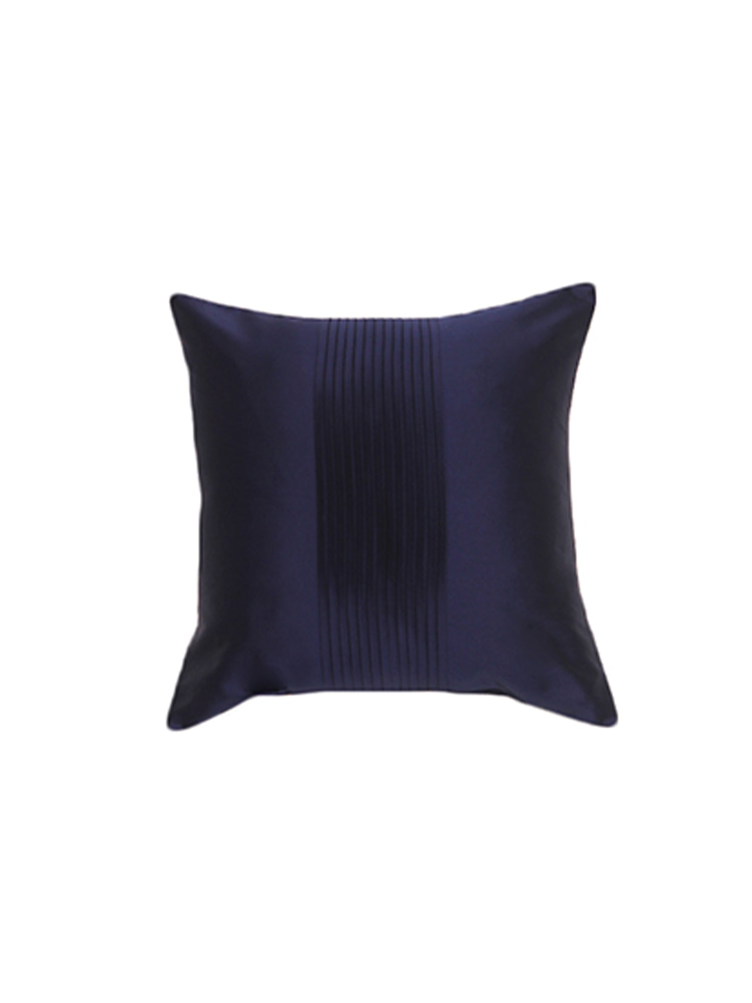 A square navy blue throw pillow with a vertical pleated texture down the center, shown against a plain white background.
