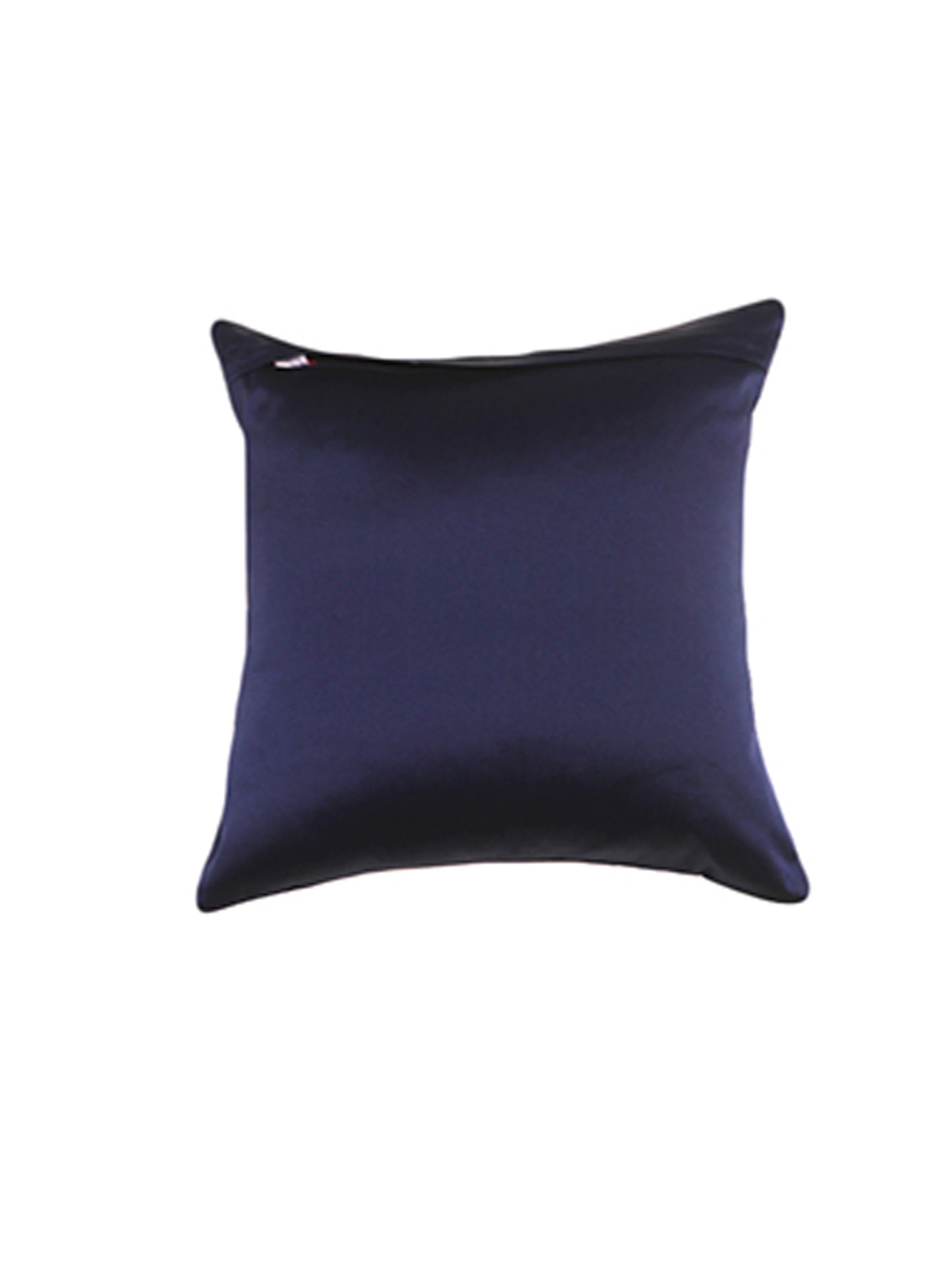 A square navy blue satin throw pillow with a subtle sheen, shown against a plain white background.