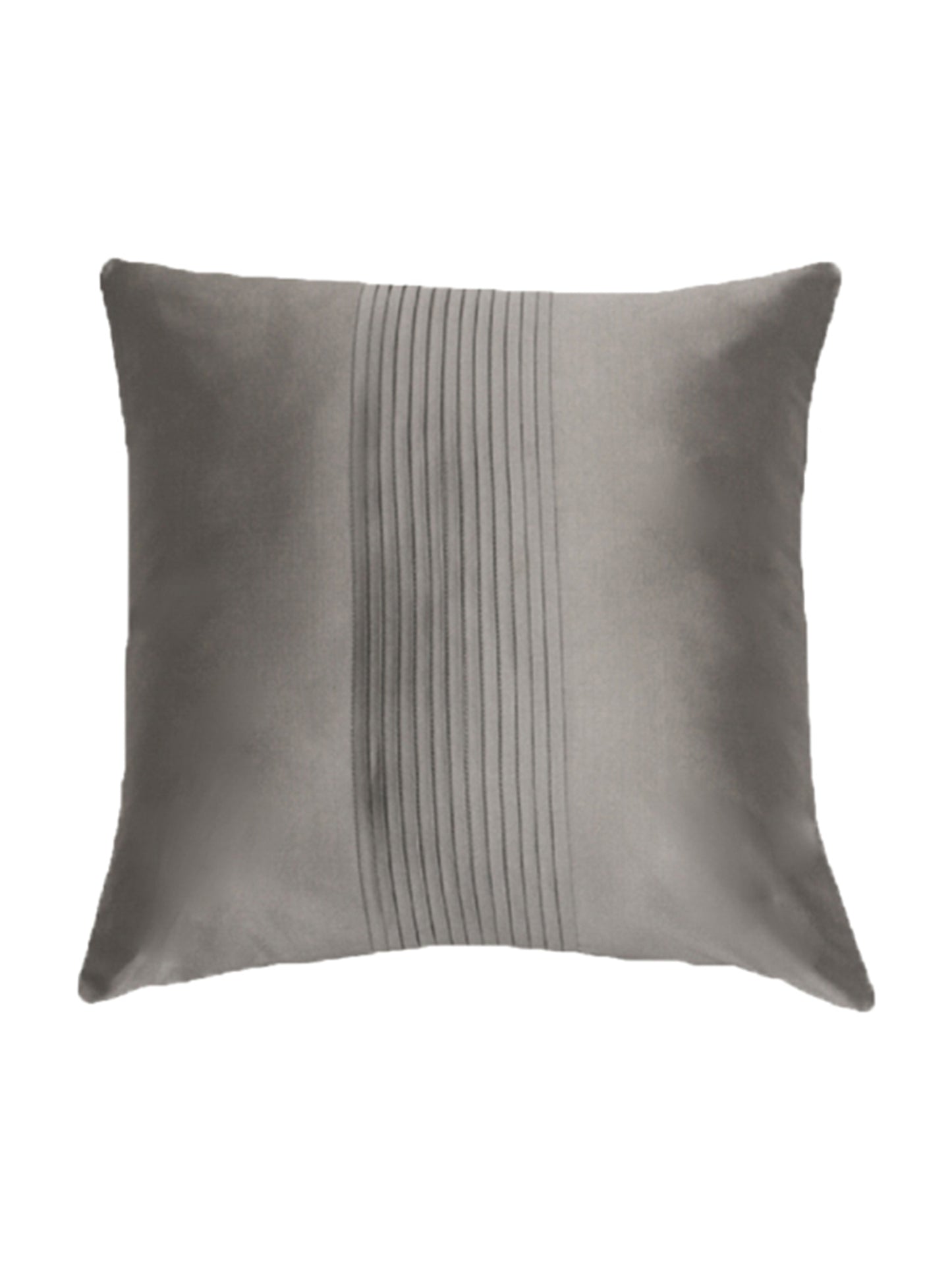A square gray throw pillow with a vertical channel-tufted stripe down the center, shown against a plain white background.