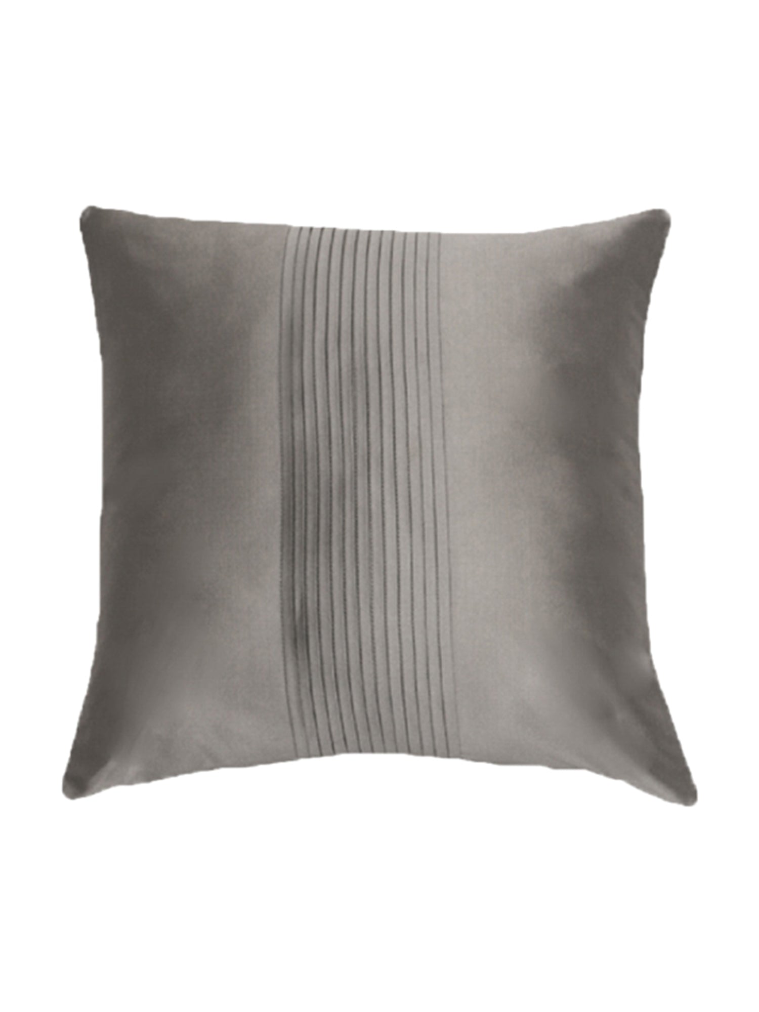 A square gray throw pillow with a vertical channel-tufted stripe down the center, shown against a plain white background.