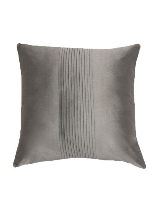 A square gray throw pillow with a vertical channel-tufted stripe down the center, shown against a plain white background.