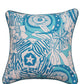 A square decorative throw pillow featuring an abstract, patchwork-style print in shades of teal, blue, and cream, set against a plain white background.