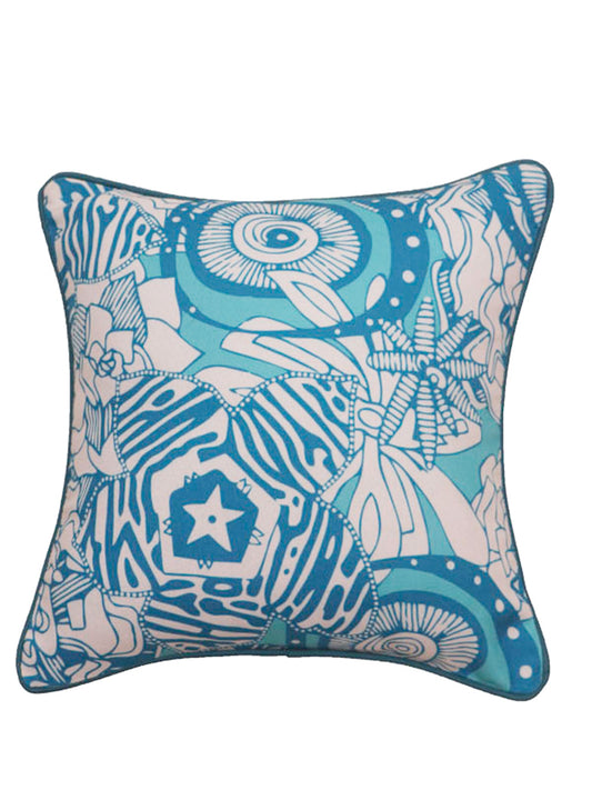 A square decorative throw pillow featuring an abstract, patchwork-style print in shades of teal, blue, and cream, set against a plain white background.