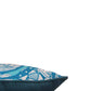 A close-up of a decorative throw pillow corner against a solid white background. The pillow features a dark teal velvet-like border and a top panel with a white and teal geometric pattern.