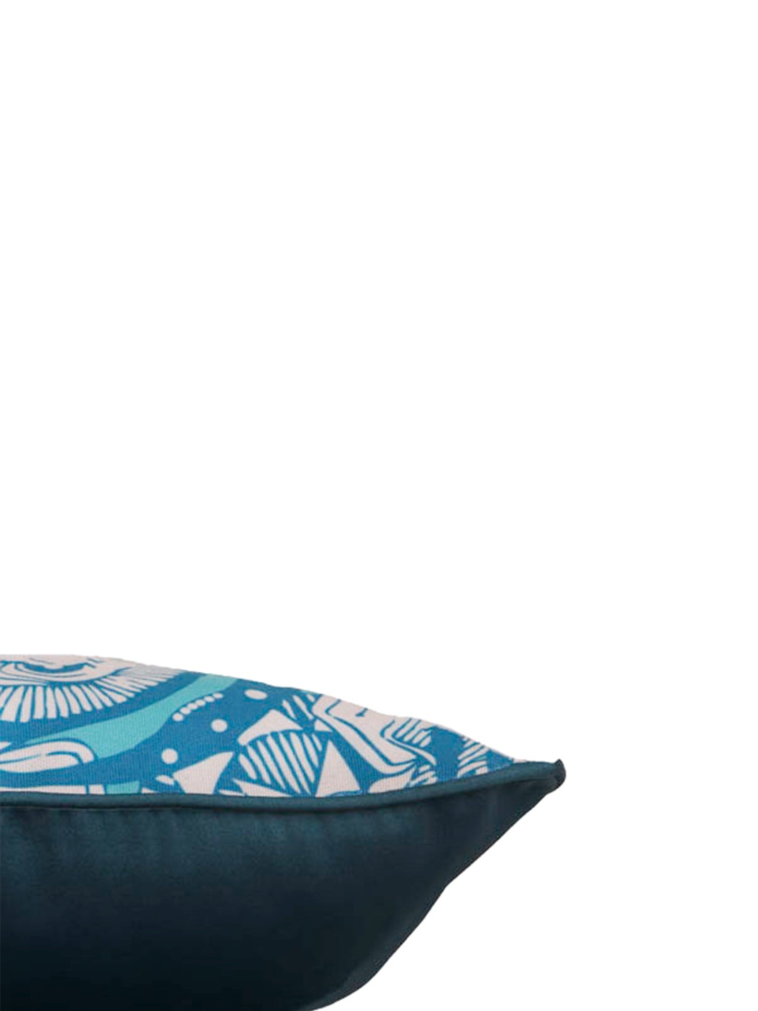 A close-up of a decorative throw pillow corner against a solid white background. The pillow features a dark teal velvet-like border and a top panel with a white and teal geometric pattern.