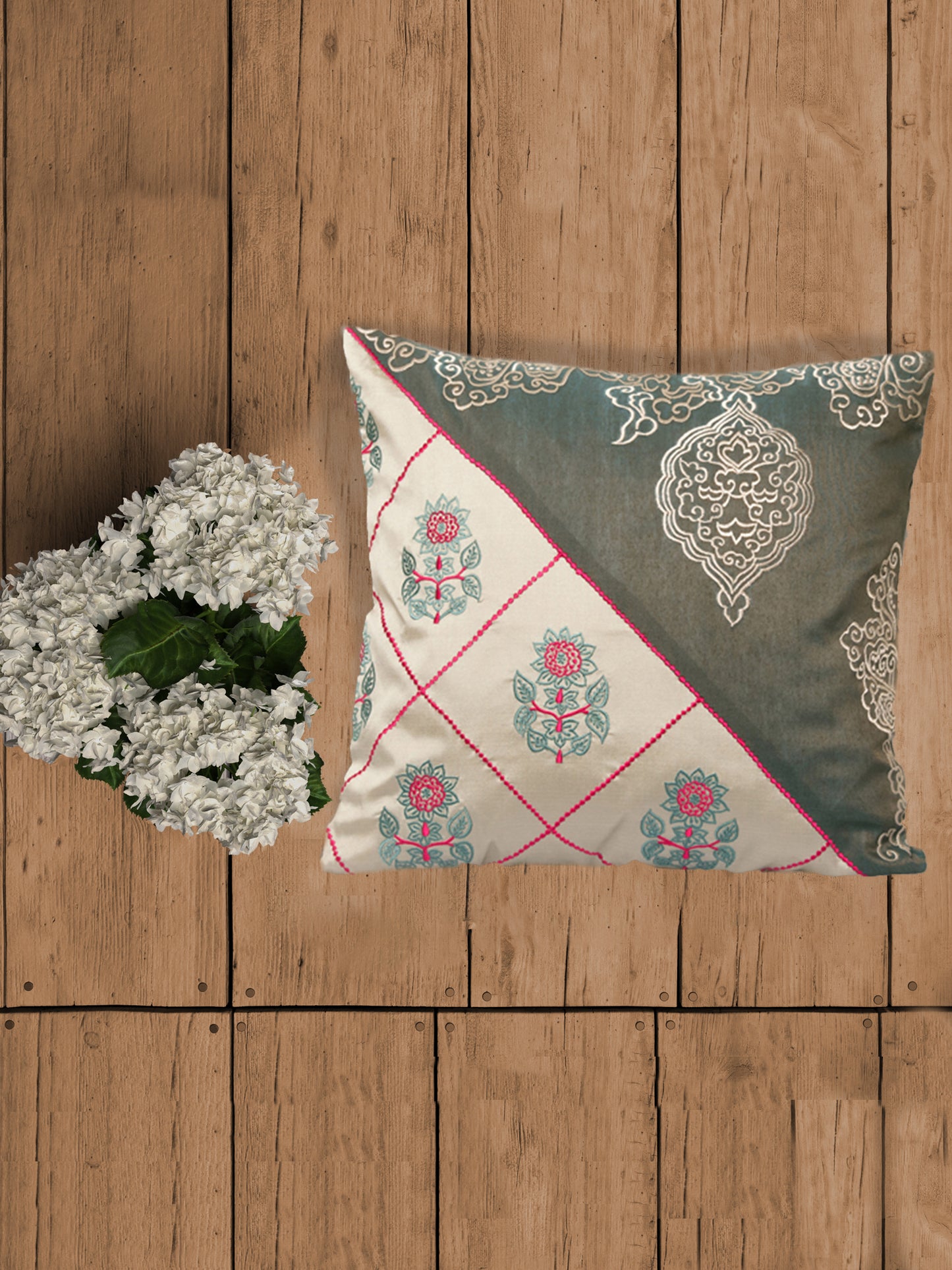 Floral Pattern Ethnic Embroidered Motifs | Handcrafted Patchwork Cushion Cover | 16 Inch x 16 Inch | Gray & Cream