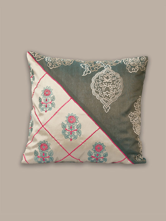 Floral Pattern Ethnic Embroidered Motifs | Handcrafted Patchwork Cushion Cover | 16 Inch x 16 Inch | Gray & Cream