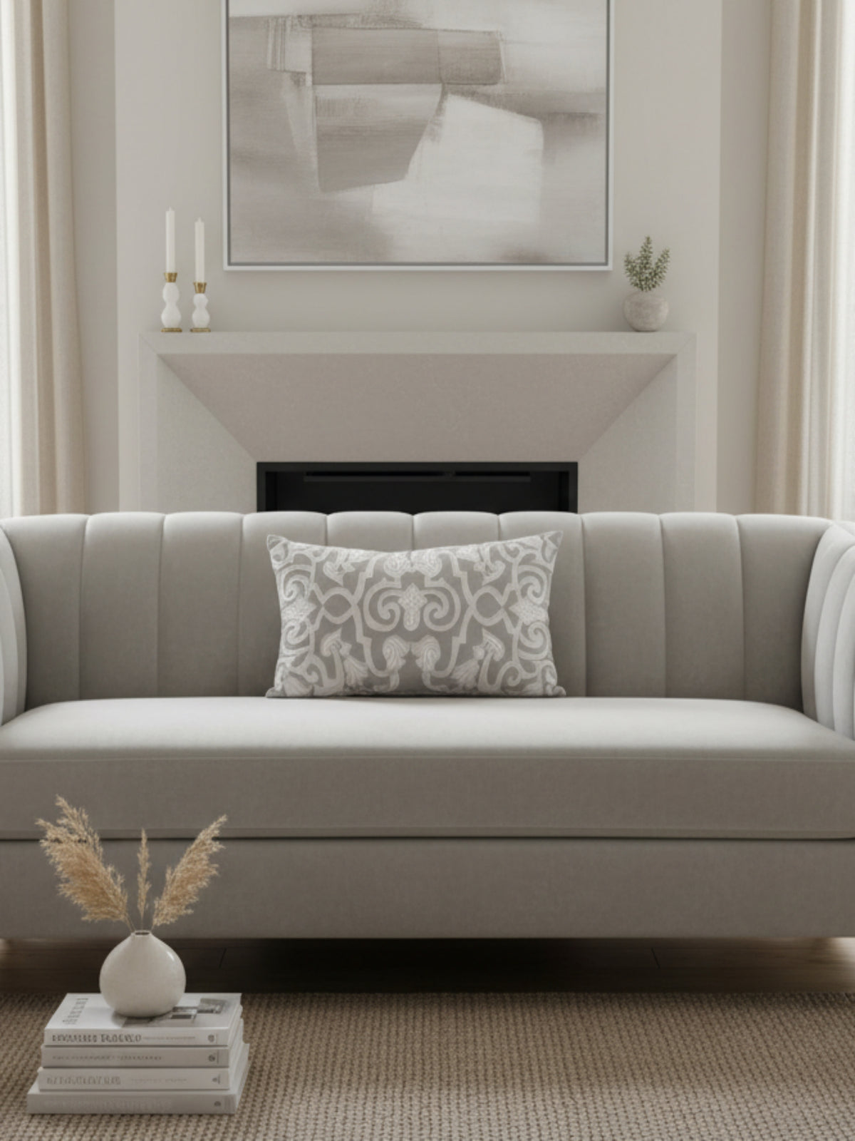 A rectangular lumbar throw pillow featuring a gray and white damask pattern, shown against a plain white background with a soft drop shadow.