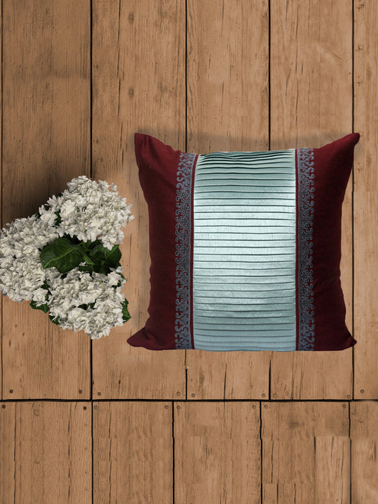 Sage Green Patchwork Pleated | Motif Embroidered Maroon | 100% Polyester | 20 Inch x 20 Inch | Cushion Cover
