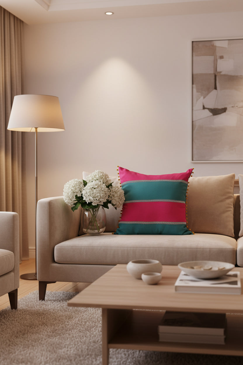 A square decorative throw pillow with horizontal stripes in bright pink and teal, featuring chevron stitching details and gold tassel trim, displayed on a rustic wooden plank background next to a white flower arrangement.