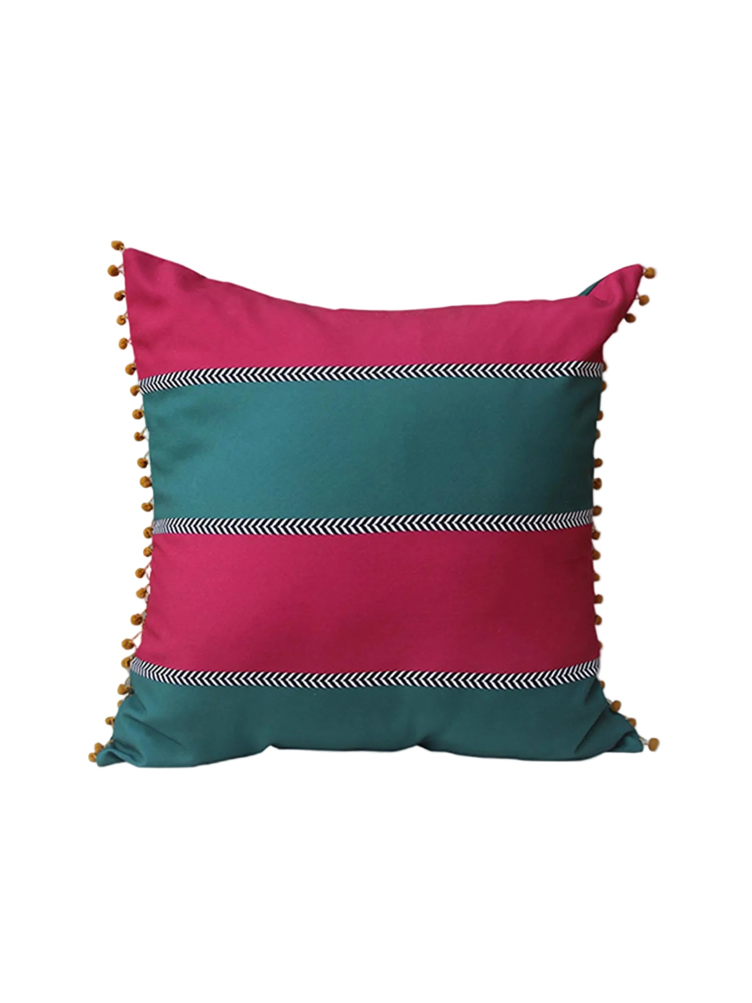 A square decorative throw pillow with horizontal stripes in vibrant pink and teal, featuring chevron stitched details and orange pom-pom trim along the edges, set against a solid gray background.