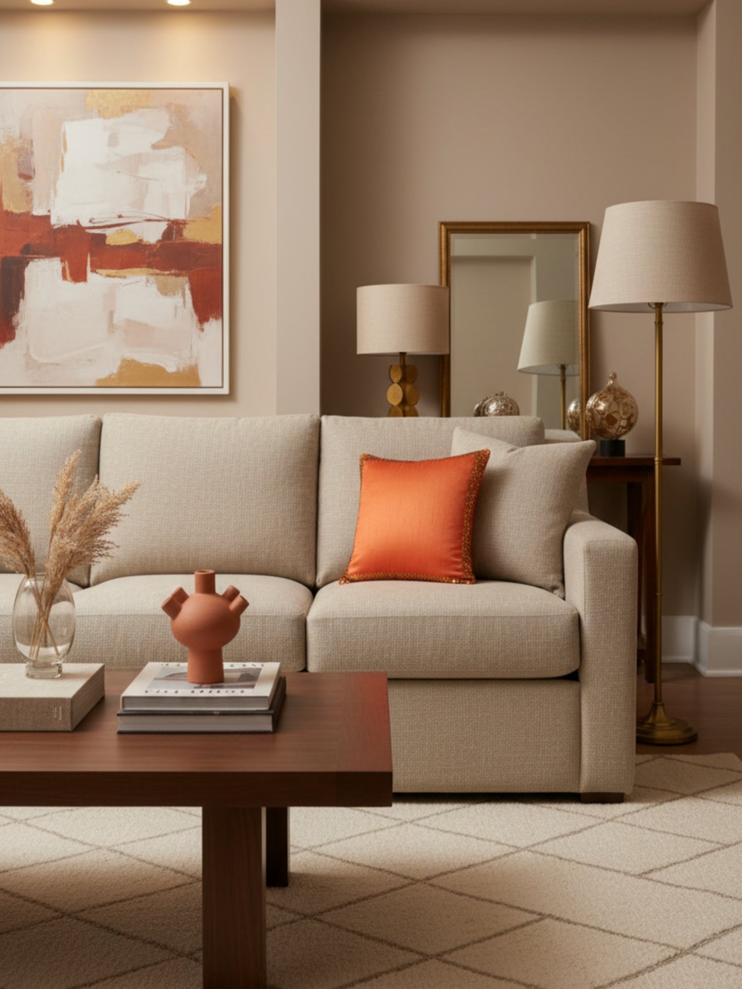 A square orange throw pillow with a textured satin-like finish and a contrasting dark brown sequined border, shown against a plain white background.